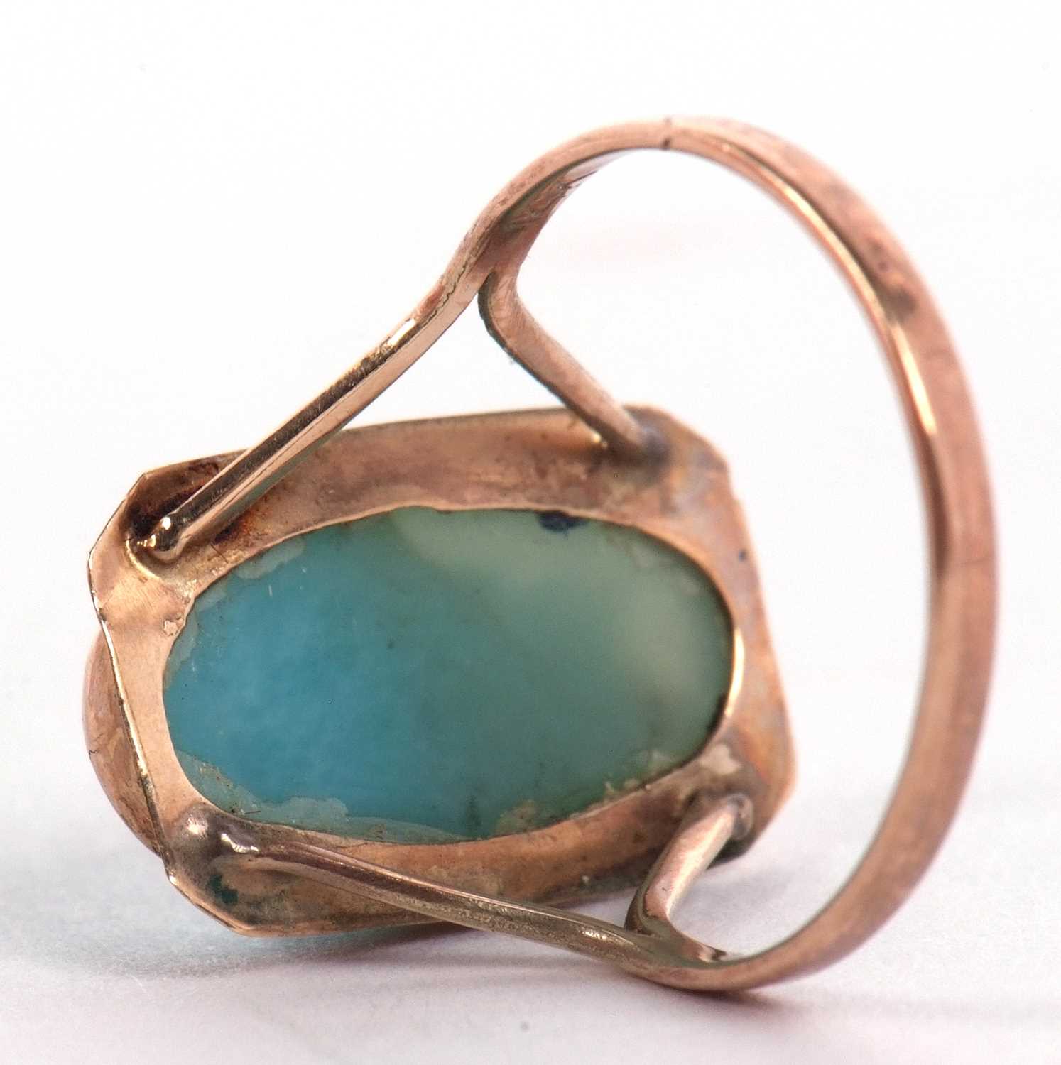 An Arts and Crafts style ring, the oval blue/turquoise cabochon, collet mounted with a rectangular - Image 7 of 8