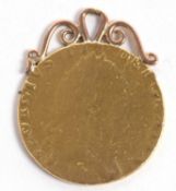 A Spade Guinea, date worn, possibly 1791, with unmarked yellow metal pendant mount, 8.9g