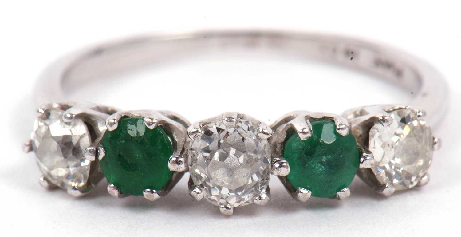 A diamond and emerald five stone ring featuring three graduated old cut diamonds, 0.65ct approx - Image 2 of 11