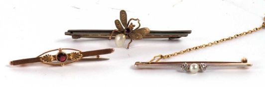 Three bar brooches: a pearl and diamond bar brooch, unmarked, a split pearl and and purple stone fly