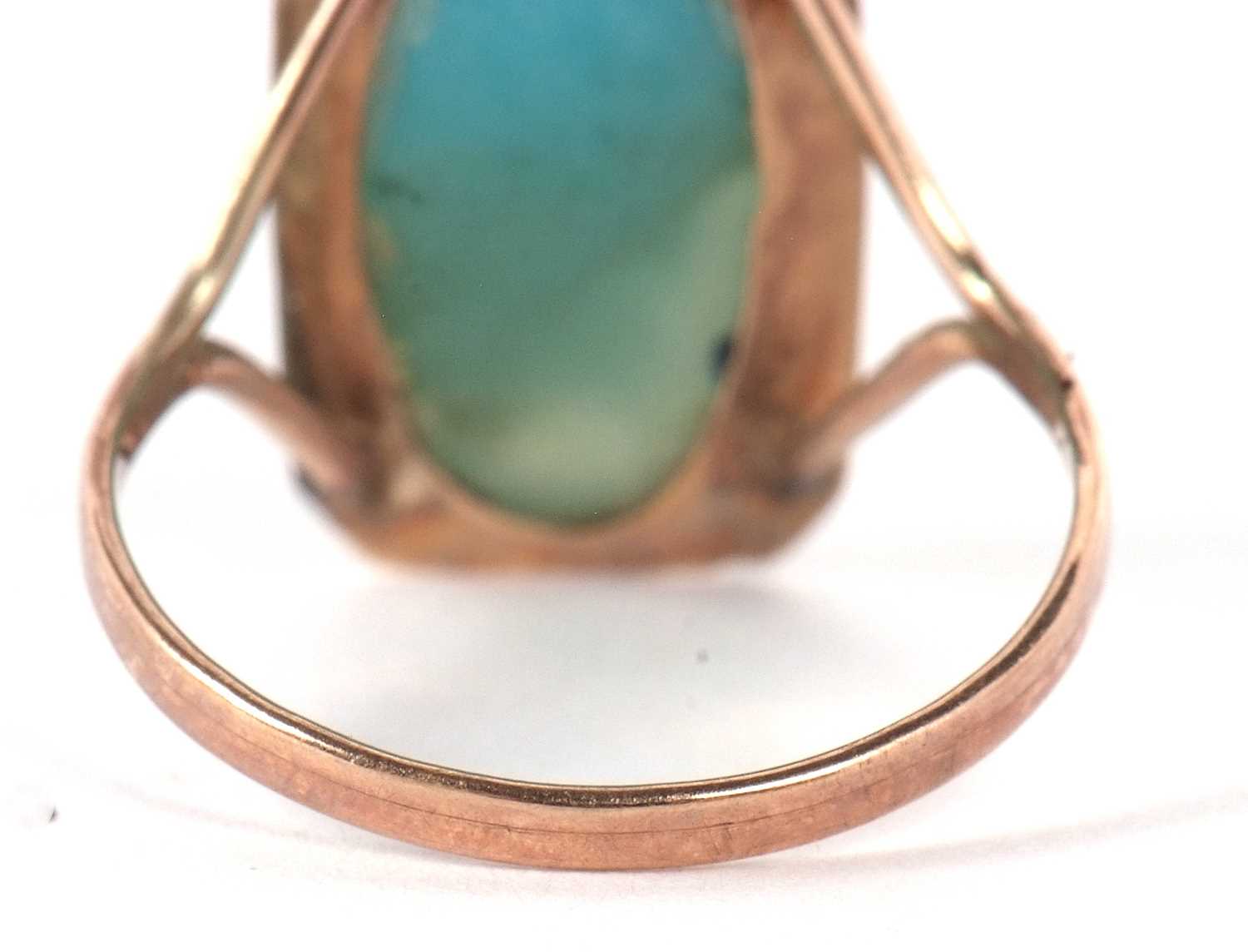 An Arts and Crafts style ring, the oval blue/turquoise cabochon, collet mounted with a rectangular - Image 5 of 8