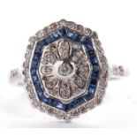 An early 20th century style 9ct white gold, sapphire and diamond ring, the octagonal plaque set to