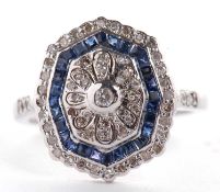 An early 20th century style 9ct white gold, sapphire and diamond ring, the octagonal plaque set to