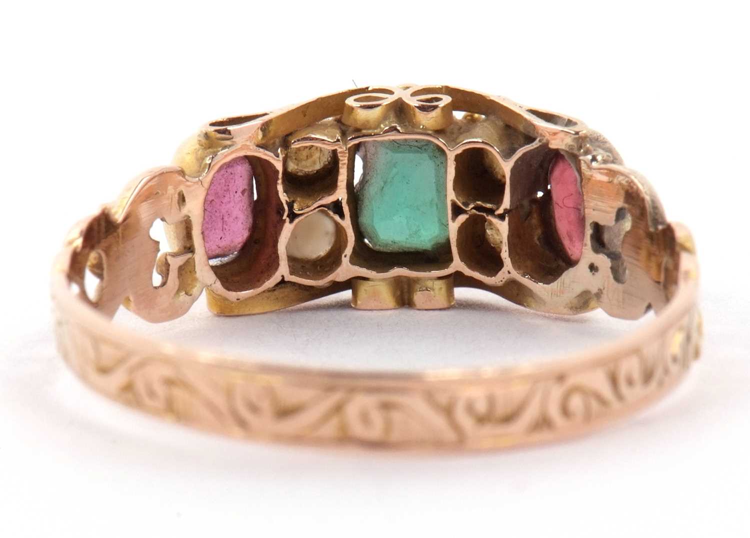 A late Victorian garnet, green stone and seed pearl ring, with pierced gallery and shoulders and - Image 5 of 10