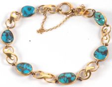 A 9ct turquoise bracelet, the oval turquoise cabochons with alternating Art Nouveau style links,