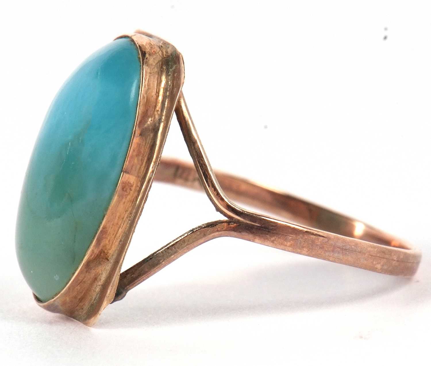 An Arts and Crafts style ring, the oval blue/turquoise cabochon, collet mounted with a rectangular - Image 3 of 8