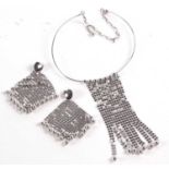 Italian silver necklace and earrings, the torque style necklace with mesh panel pendant, with