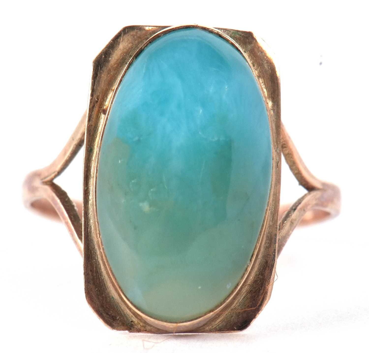 An Arts and Crafts style ring, the oval blue/turquoise cabochon, collet mounted with a rectangular - Image 2 of 8