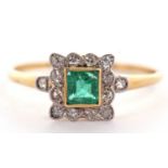 An emerald and diamond ring, the square step cut emerald, collet mounted with a surround of single