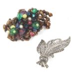 Mixed Lot: A marcasite leaf brooch stamped silver together with a multi-coloured bead set brooch (