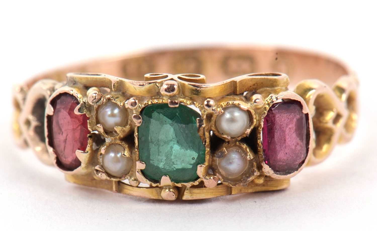 A late Victorian garnet, green stone and seed pearl ring, with pierced gallery and shoulders and - Image 3 of 10