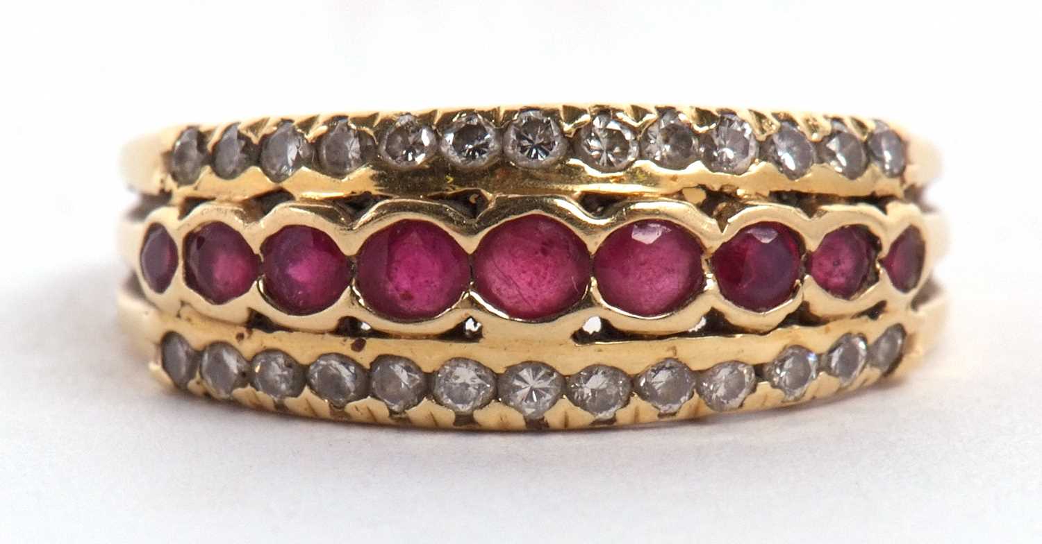 An 18ct ruby and diamond ring, the central row of round rubies, set above and below with a row of - Image 6 of 8