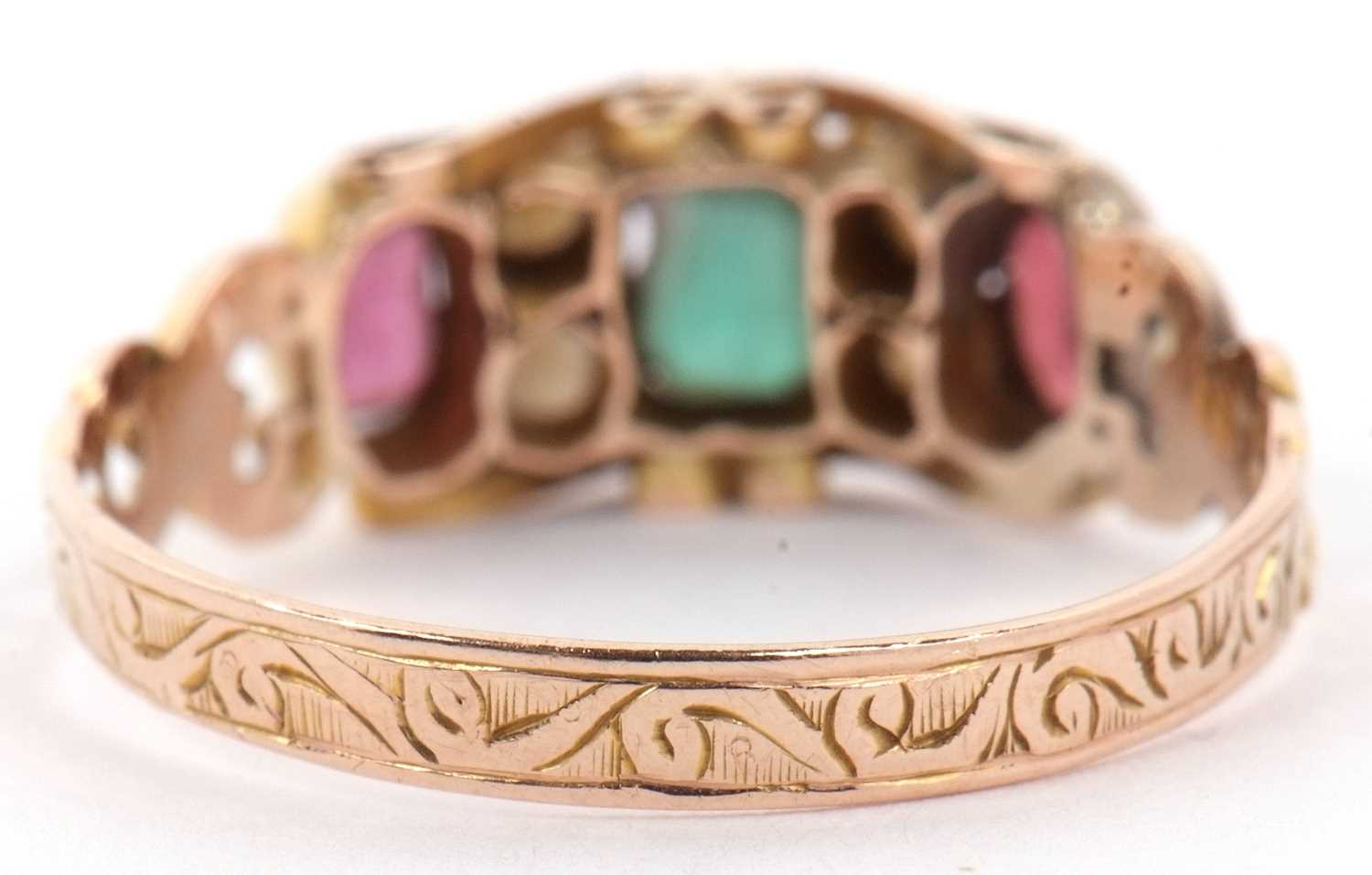 A late Victorian garnet, green stone and seed pearl ring, with pierced gallery and shoulders and - Image 10 of 10