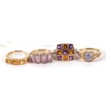 Four 9ct gemset rings, to include a four stone amethyst ring, size N, a three stone citrine ring,