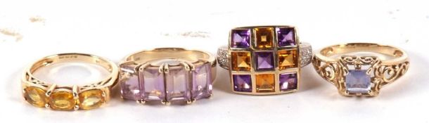 Four 9ct gemset rings, to include a four stone amethyst ring, size N, a three stone citrine ring,