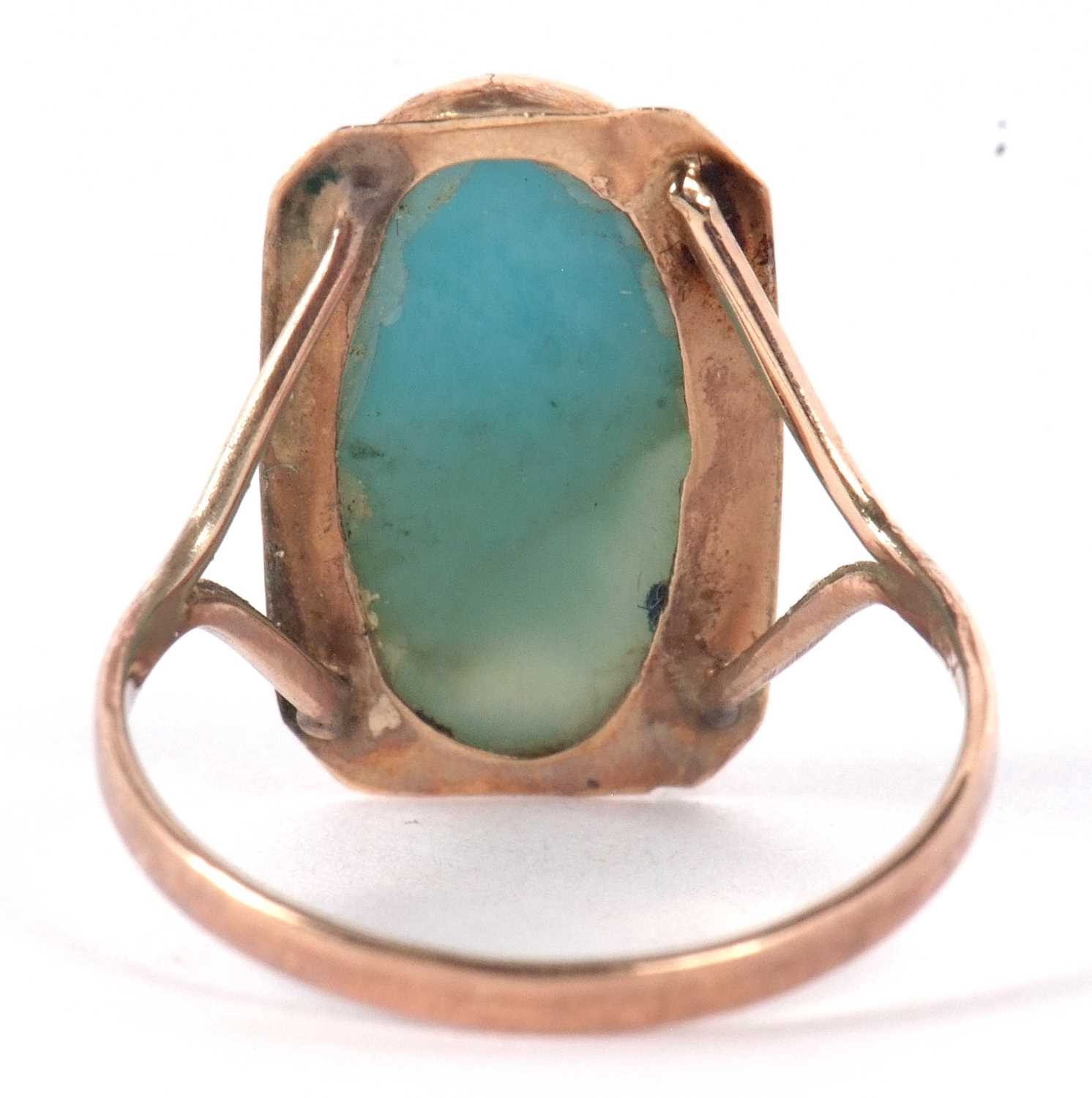 An Arts and Crafts style ring, the oval blue/turquoise cabochon, collet mounted with a rectangular - Image 4 of 8