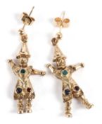 A pair of gemset clown earrings, the clowns set with three mulit-colour gemstones, with moving