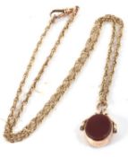 A 9ct gold fob and necklace, the double sided bloodstone and carnelian oval rotating fob, hallmarked