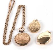 Three 9ct gold lockets, the first a round locket with bright cut engraved decoration, hallmarked