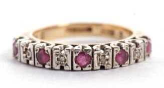 A 9ct ruby and diamond half eternity ring, the alternating round rubies and illusion set diamonds,