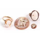 Two 9ct shell cameo rings, (6.2g) together with two unmounted oval shell cameo's (a/f), (4)