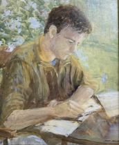 Wendy Sinclair (British, 20th century),'The Student', oil on board, signed, 9x10.5ins, framed