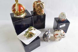 A group of six Crown Derby paperweights including a model of a cat, squirrel, poppy mouse, old Imari