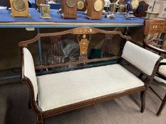 A small Edwardian mahogany framed sofa or window seat with inlaid decoration, 104cm wide