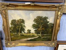 Pastoral Landscape by R Mallett, oil on canvas, 39cm wide in moulded gilt frame