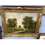 Pastoral Landscape by R Mallett, oil on canvas, 39cm wide in moulded gilt frame