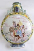 A large 20th Century Chinese porcelain moon flask, the central panel with Chinese figures probably