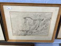 Sketch of an unseated rider and hounds, pen and ink, 38cm wide, glazed and framed