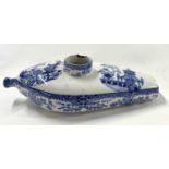 An early 19th Century pap boat or invalid feeder with a printed blue and white chinoiserie design