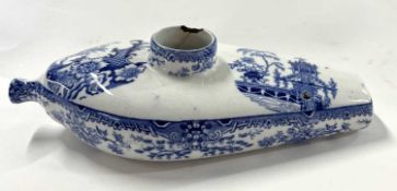 An early 19th Century pap boat or invalid feeder with a printed blue and white chinoiserie design