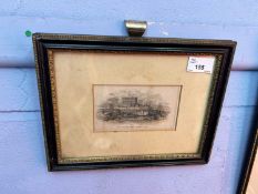 The Castle from Thorpe Road, engraving, 13cm wide, glazed and framed