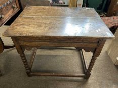 An 18th Century oak rectangular side table raised on bobbin turned legs with base stretcher, 72cm