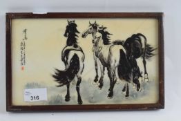 Chinese porcelain panel painted with horses, signature block to left (a/f), the panel 24cm long