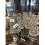 Quantity of cut glass ware, jars and covers, also glass mug with pewter lid