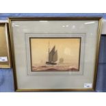 Barges at Sea by M Bensley, watercolour, 22cm wide, glazed and framed