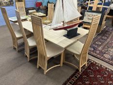 Modern marble twin pedestal rectangular topped dining table together with a set of eight Spanish