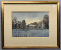 Tony Garner (British, b.1944), a church in a snow covered landscape, watercolour, signed, 7x9ins