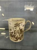 A Worcester porcelain mug c.1758 with black printed designs of Harvesters and Minuet verso