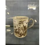 A Worcester porcelain mug c.1758 with black printed designs of Harvesters and Minuet verso