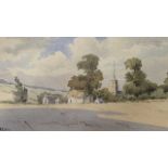 British School, 20th century, a countryside view over a village, watercolour, indistinctly