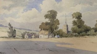 British School, 20th century, a countryside view over a village, watercolour, indistinctly