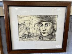 Sketch of Nelson by Campbell, pen and ink on paper, 29cm wide, glazed and framed