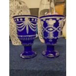 Two bohemian style goblets with a blue decoration to clear glass