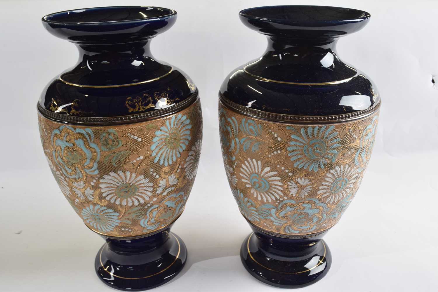 A pair of Royal Doulton vases, the central panel with Slaters patent style decoration with flowers - Image 2 of 2