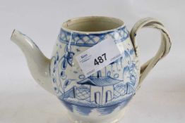 Early 19th Century pearl ware pot with blue and white design and intertwined strap handle