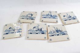 Six 18th Century Dutch delft tiles with typical blue and white decoration